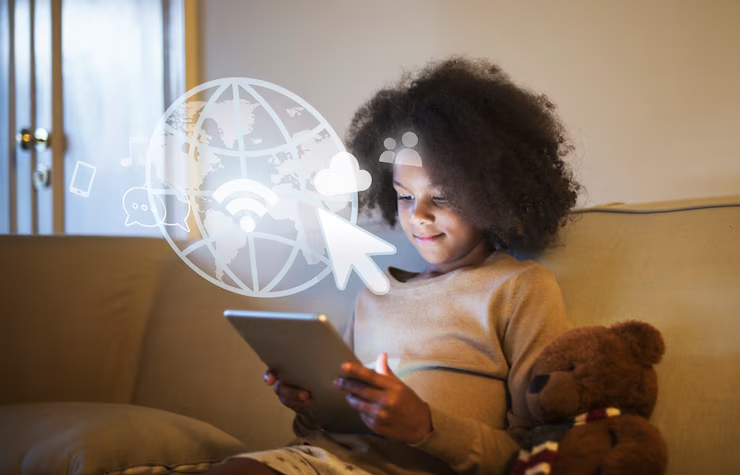 Child using a Tab with high-speed internet, researching NBN plans for home use.